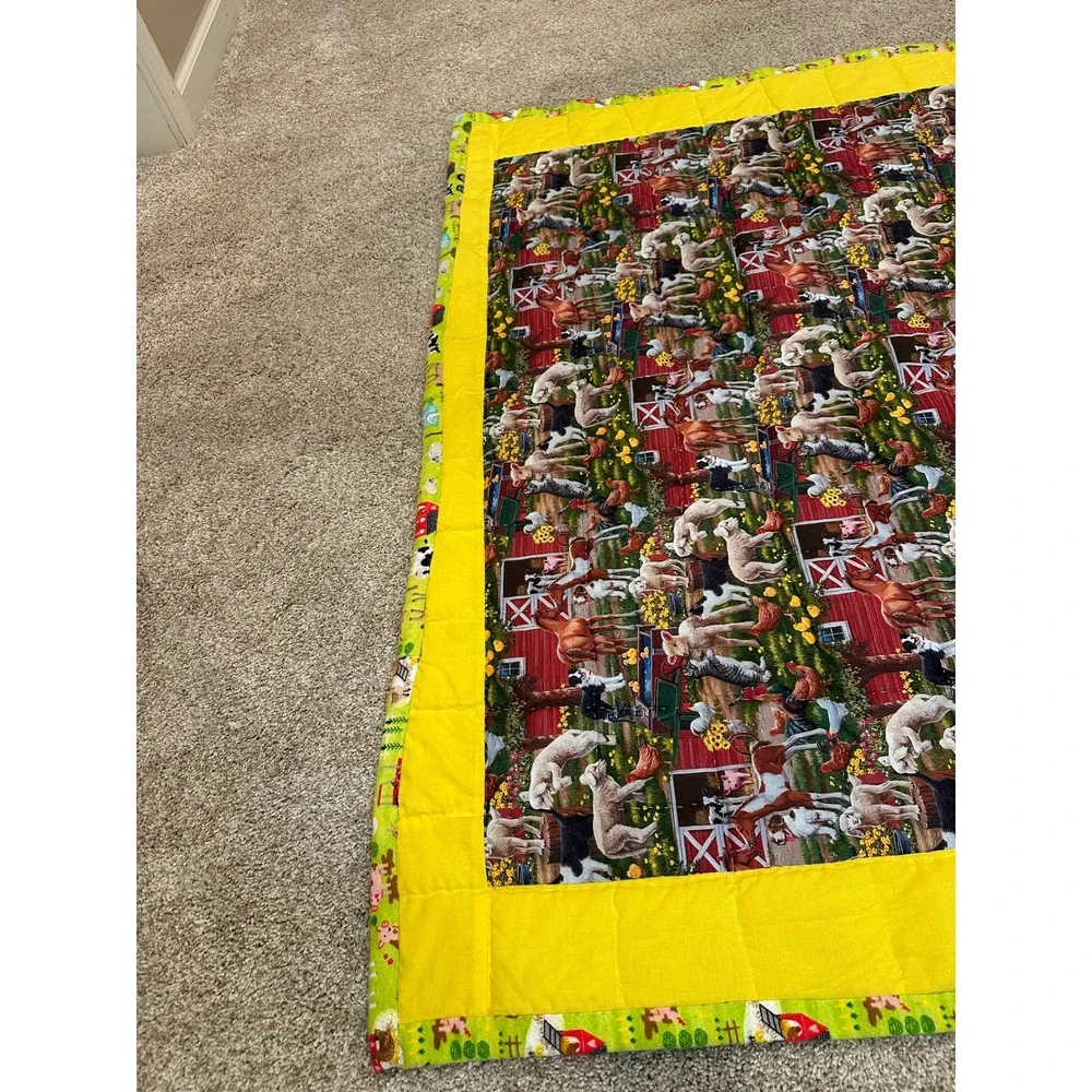 Handmade Farm Animal Quilted Throw Blanket‎ Yellow Border Green Tractor Backing